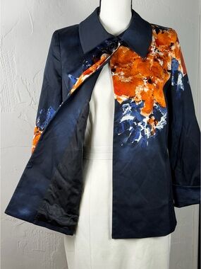 Ellen Tracy Navy Satin Jacket / Blazer with Orange & white Abstract Print size 2